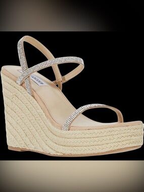 Steve Madden Beige Espadrille Wedge Platform Sandals & Rhinestone Straps. NWT